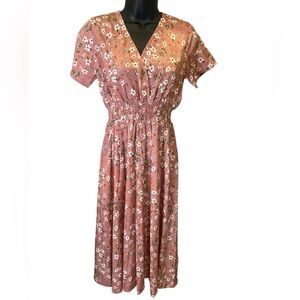 Rust Pink Floral Midi Dress – Short Sleeve, V-Neck, Smocked Waist Women’s Size S
